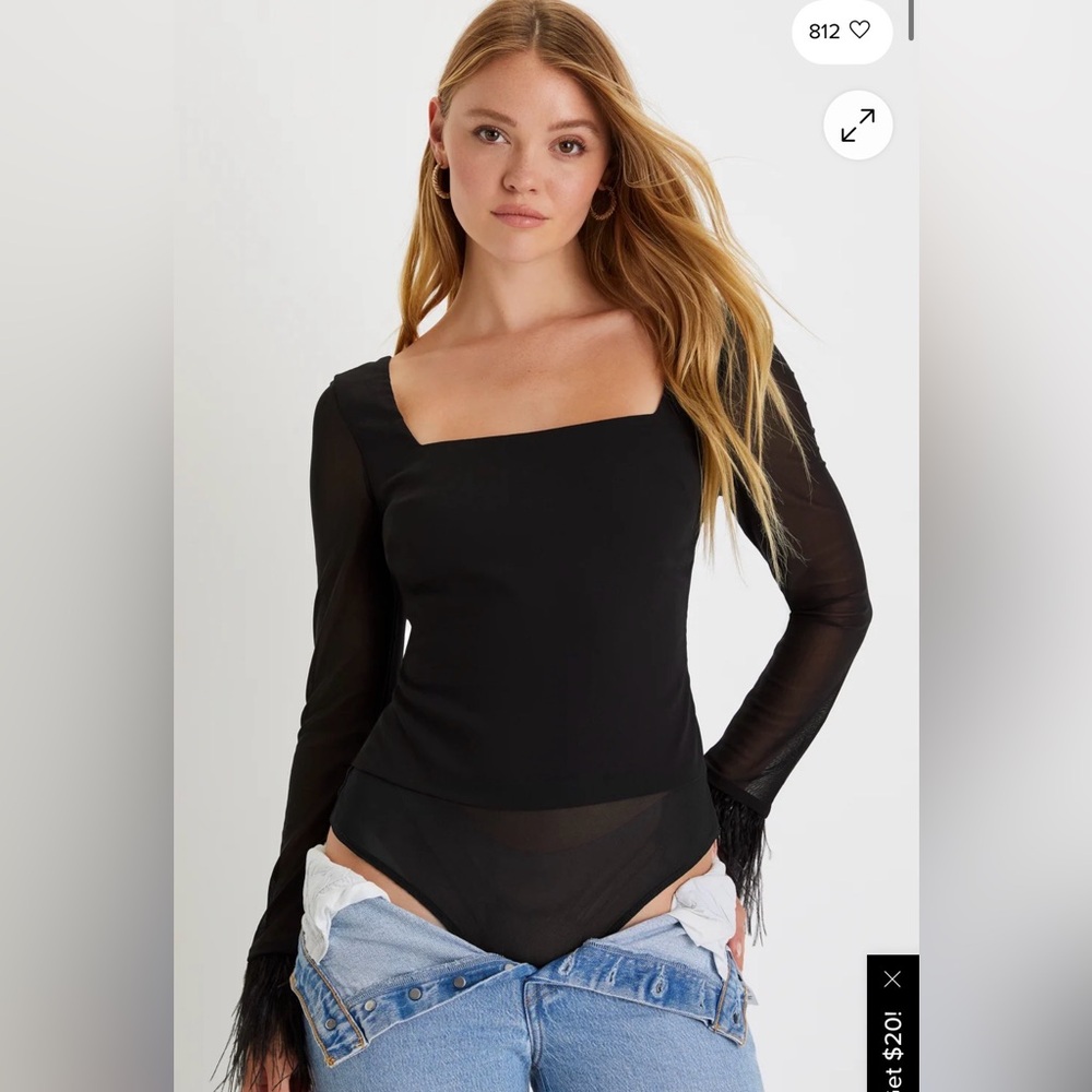 Lulus Effortlessly Luxe Black Feather Long Sleeve Bodysuit NWT
